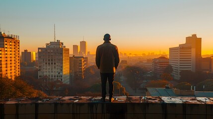 Fototapeta na wymiar Man on Rooftop Overlooking City at Sunset with African Influence