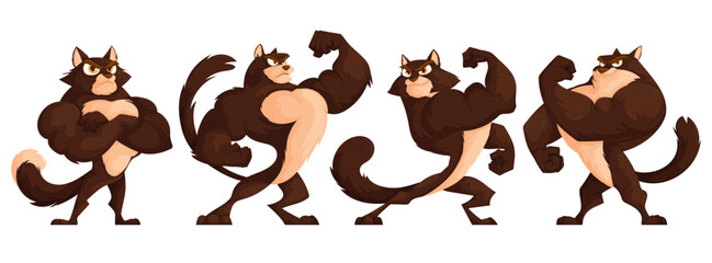 Set of Four strong and muscular cats posing. A brutal brown cat with an athletic figure in a bodybuilder's suit demonstrates his muscles. Cartoon vector.
