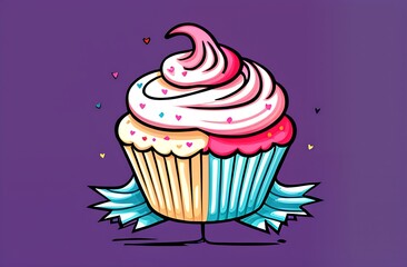 Cupcake with white cream and cherry on purple plain background