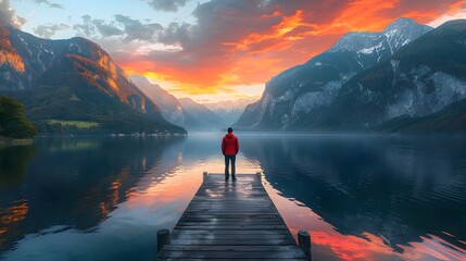 Man Overlooking Lake and Mountains at Sunset - obrazy, fototapety, plakaty