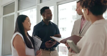 Business people, meeting and discussion with paperwork for proposal, project management and planning at office. Presentation strategy, communication and collaboration with schedule and diversity