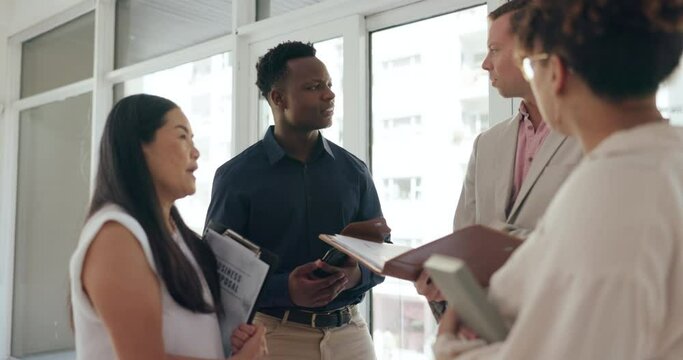 Business people, meeting and discussion with paperwork for proposal, project management and planning at office. Presentation strategy, communication and collaboration with schedule and diversity