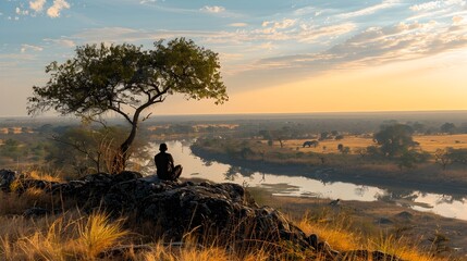 Man Overlooking African Sunset on Safari