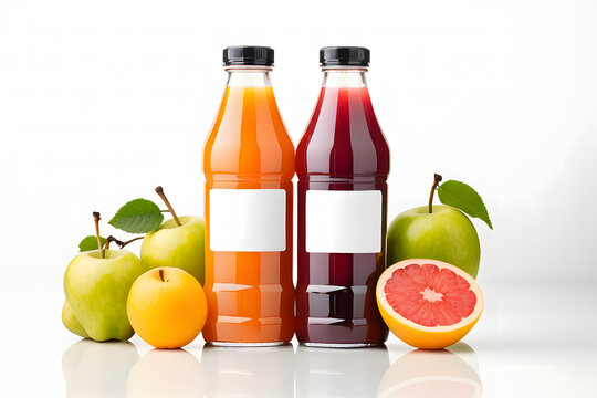Vibrant studio shot of refreshing fruit juice with two bottles, a delightful concept for your thirst-quenching design needs