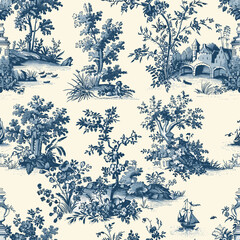 Toile De Jouy Vintage Floral Seamless Pattern Elegant Vector Graphics 04 - 754402709