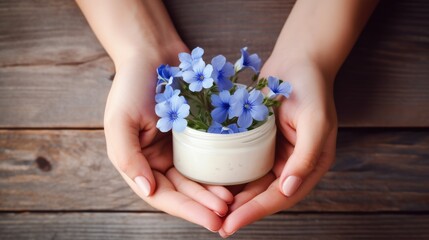 Obraz na płótnie Canvas A cosmetic background with hands holding cream and fragile delicate flowers. Moisturizing face cream in a jar and blooming flowers, cosmetics for skin care.