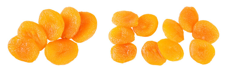 Dried apricots isolated on white background with full depth of field. Top view. Flat lay - obrazy, fototapety, plakaty