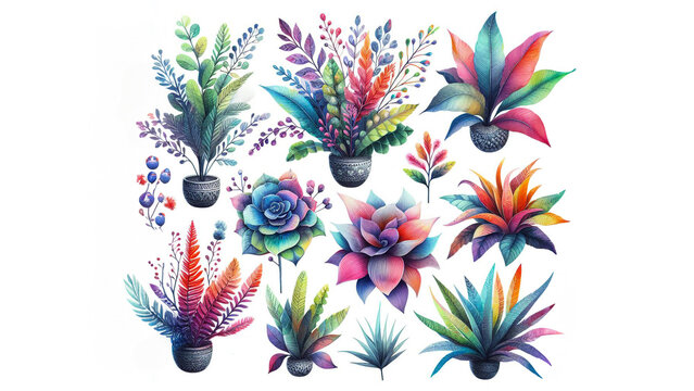 Artistic Blossoms: Watercolor Painting Evokes the Vibrant Charm of Colorful Plants in a Whimsical Style.