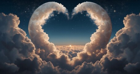 Compose an image featuring a dreamy moon surrounded by a picturesque cloudscape forming a heart shape. Pay attention to the ultra-realistic details of the moon's luminosity-AI Generative - obrazy, fototapety, plakaty