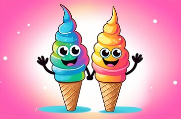 Two funny ice creams holding hands on pink background