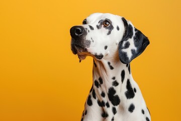 A Dalmatian dog with black and white spots is looking at the camera. The dog is standing on a yellow background