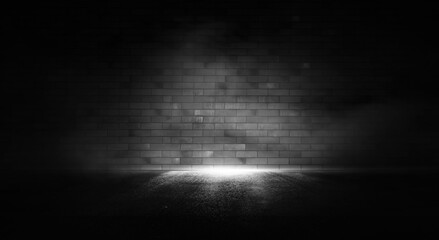 Brick wall and asphalt dark street with smoke. Empty dark scene with light.