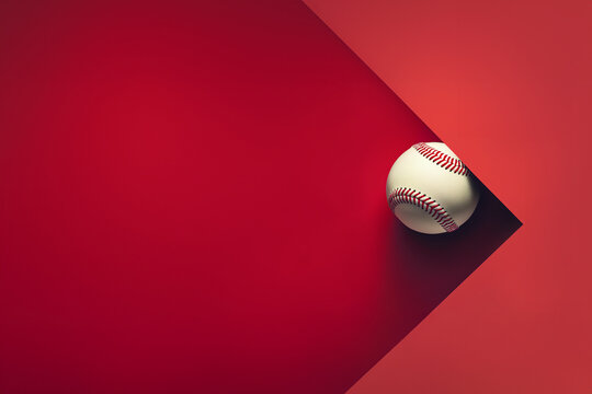 balle de baseball dans un corner rouge, sur fond rouge avec espace négatif copyspace. Sport américaine, 