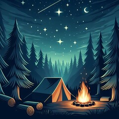 森の中,星空の下でキャンプ