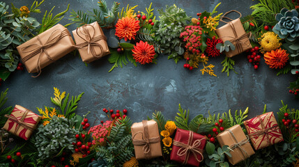 Presents in brown raw paper and flowers wreath