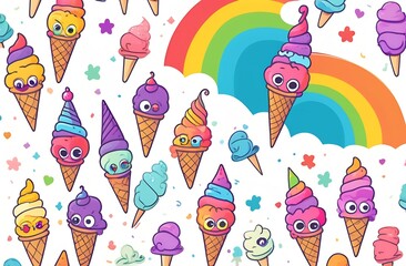 A lot of ice cream on a white background and a rainbow