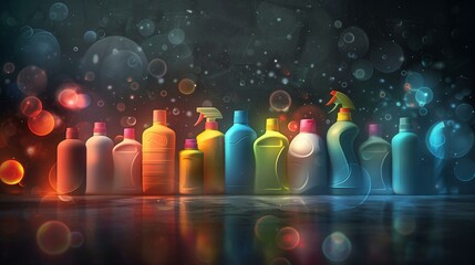 Cleaning Products with Colorful Light Bubbles - obrazy, fototapety, plakaty