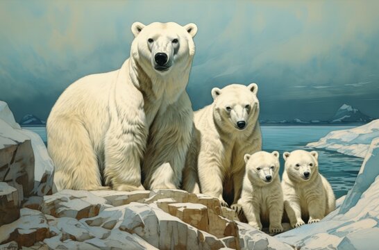 Family of polar bear's out in the cold arctic wild