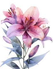 Beautiful pink lilies with blue leaves painted on a white canvas