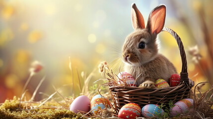 A bunny is seated inside a woven basket containing colorful Easter eggs. The bunny appears content as it gazes out, surrounded by the festive eggs - AI generated - Powered by Adobe