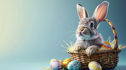 A rabbit sits in a woven basket surrounded by colorful eggs. The rabbit appears calm and observant, adding a touch of charm to the Easter decorations - AI generated - Powered by Adobe