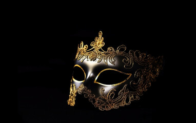 Metallic gold mask, golden mask for Purim, carnival, masquerade, Venetian party background
