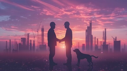 Fototapeta premium Joyful moment as a businessman and a robot, both in hardhats, and a dog celebrate a construction partnership with a handshake, sunrise backdrop