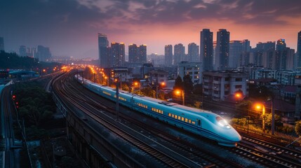 Fototapeta premium A modern bullet train races along elevated tracks above city roads at twilight, blending technology and urban life.