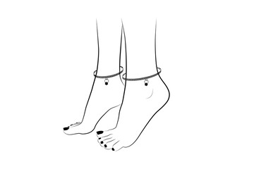 Beautiful woman feet with anklets line drawing isolated on white background - vector illustration
