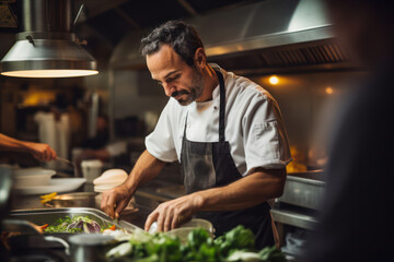 Professional Caucasian Male Chef Cooking Delicious Gourmet Italian Dish in a Restaurant Kitchen