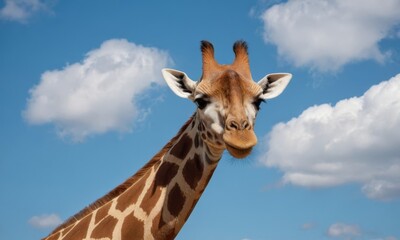 Obraz premium A giraffe is looking at the camera with its head tilted. The sky is blue and there are clouds in the background