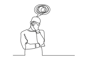 Continuous line drawings of a young man's depression sad emotional shock, loss, grief, life problems, confusion messy feelings and worry about bad mental health. The concept of failure and heartbreak 