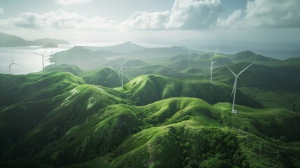 Wind turbines stand atop lush green hills with a panoramic view of the coast and sea, symbolizing sustainable energy generation. copy space - obrazy, fototapety, plakaty