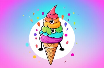 Cheerful ice cream in a waffle cone on rainbow background