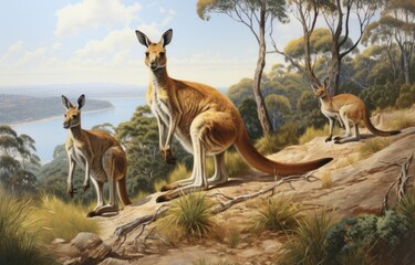 Naklejka premium Kangeroo's in the forest on the hill 