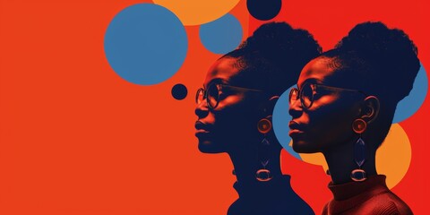 Banner for event of Black women in tech, featuring two Afro American girls with glasses and long hair. Diversity and inclusion. Technology for woman equal rights. gradient background.