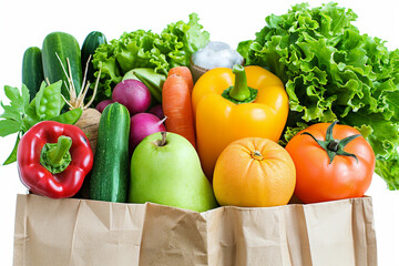 A background showcases the delivery of healthy food, presenting a paper bag brimming with fresh vegetables and fruits against a white backdrop. It symbolizes the concept of shopping for nutritious pro