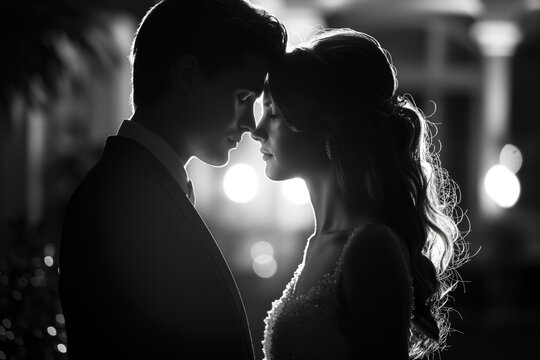 Black and white image of a bride and groom's silhouette in a tender moment