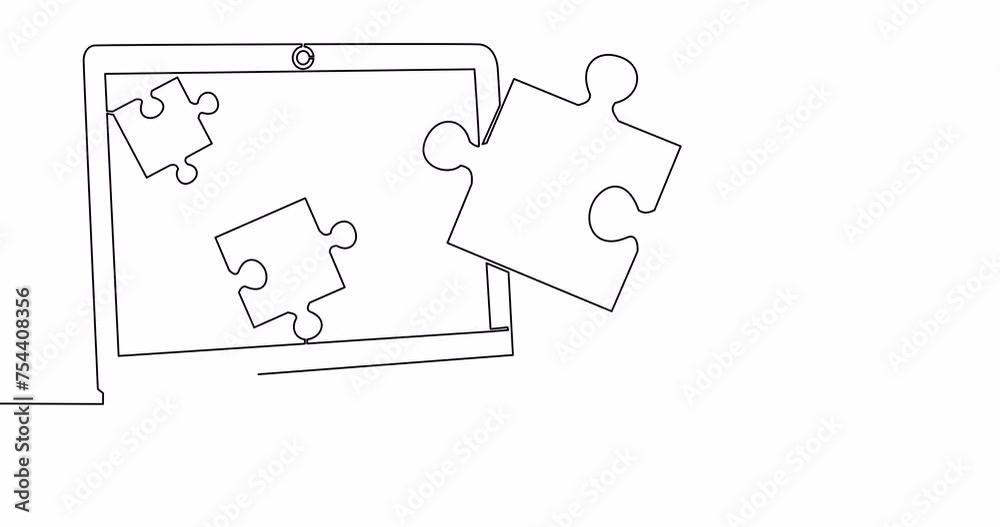 Wall mural self drawing line animation laptop computer with puzzle pieces business solution continuous one sing