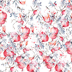 Watercolor seamless pattern - fruit ripe pomegranate. Vintage drawing of fruits, stones, tropical flowers, plants and leaves. Fashionable pattern. Art background. Tropical leaves.Flower pomegranate  - 754408902