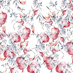 Watercolor seamless pattern - fruit ripe pomegranate. Vintage drawing of fruits, stones, tropical flowers, plants and leaves. Fashionable pattern. Art background. Tropical leaves.Flower pomegranate  - 754408999