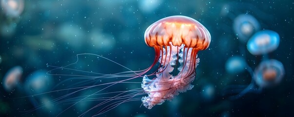 Obraz premium Tranquil Jellyfish Drifting in the Deep Blue Sea. Concept Nature Photography, Underwater World, Marine Life Exploration, Aquatic Ecosystems, Oceanic Creatures