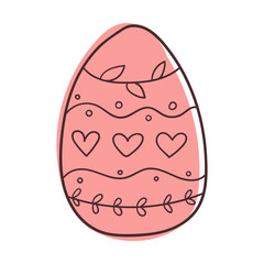Red easter egg with floral pattern and hearts. Hand drawn vector illustration. Isolated on white.