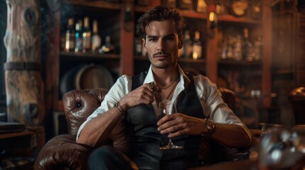 Attractive man with a cigar, and a glass of wine in his hands - 754409304
