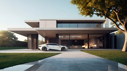 3D render of a modern house with electric car. Renewable energy concept - obrazy, fototapety, plakaty