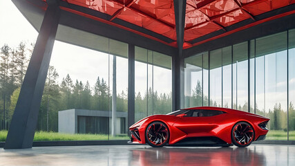 Luxury red contemporary automobile car parked in a eco friendly luxury house. Alternative and renewable energy concept - obrazy, fototapety, plakaty