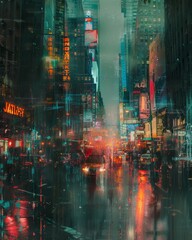 Fototapeta premium An abstract watercolor painting of a futuristic city with huge buildings at cold rainy sunset with street lights and glow, AI Generated.