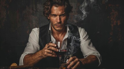 Attractive man with a cigar, and a glass of wine in his hands - 754409757