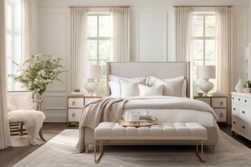 A bedroom retreat adorned in muted tones of cream and gold. Opulent furnishings, plush bedding, and soft ambient lighting, creating a haven of quiet sophistication.