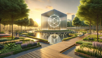 Tranquil government park with futuristic Wellness Pavilion powered by blockchain technology. - obrazy, fototapety, plakaty
